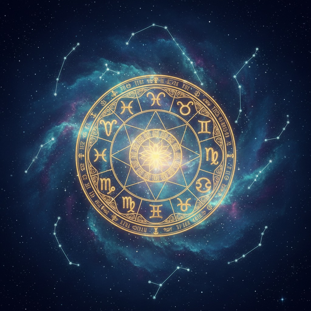 En gyllene zodiakcirkel med astrologiska symboler svävar mot en bakgrund av en stjärnklar galax.